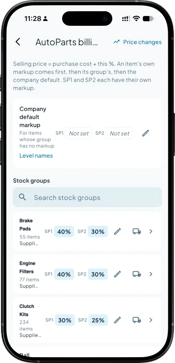 AutoParts billing setup with the company default and stock group markups