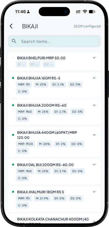 Stock group with MRP, margin, D1, D2 and commission set per item