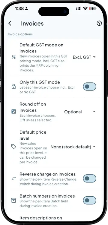 Invoice settings: GST mode, rounding, price level, reverse charge and batch numbers