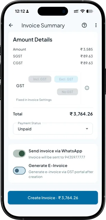 Invoice summary with the amount, GST mode and the WhatsApp and e-invoice switches