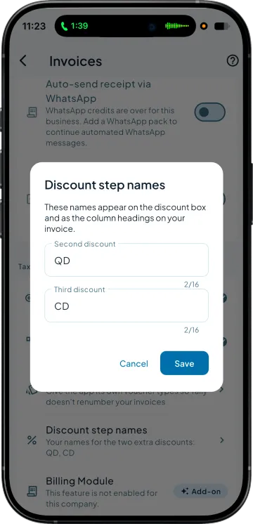 Discount step names dialog, the names used as invoice columns