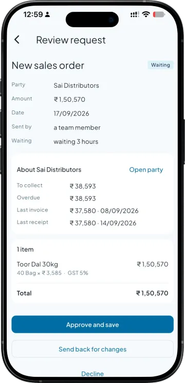 A team member's sales order waiting for review, with approve, send back and decline