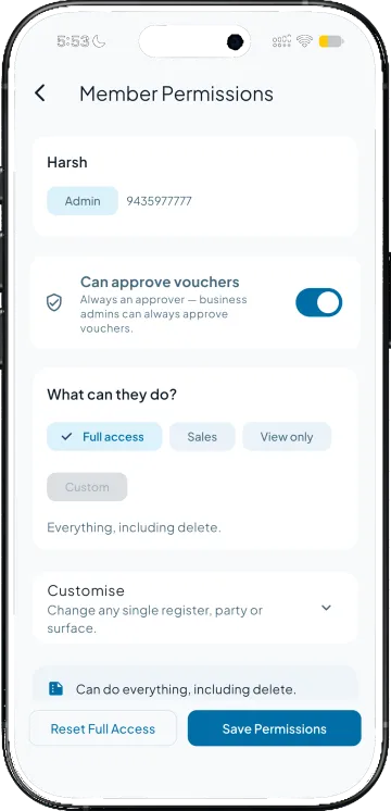 A member's permissions: the approver switch and the access level