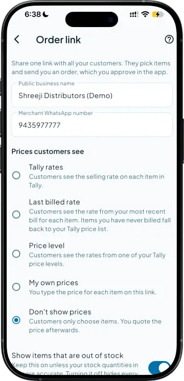 Order link settings: business name, WhatsApp number and which prices customers see