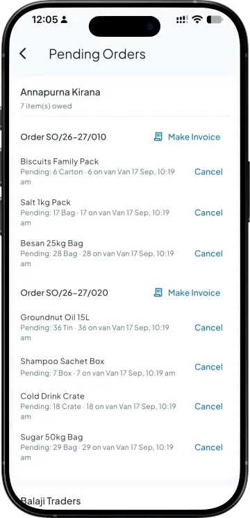 Pending orders listed by party with a Make Invoice action
