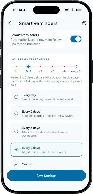 Smart Reminders settings: three days before due, on the due date, then three, seven and fourteen days after