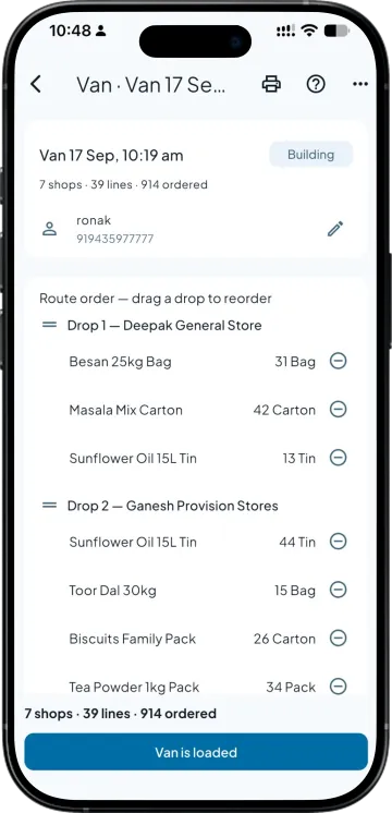 A van being loaded drop by drop, with the route order and item quantities