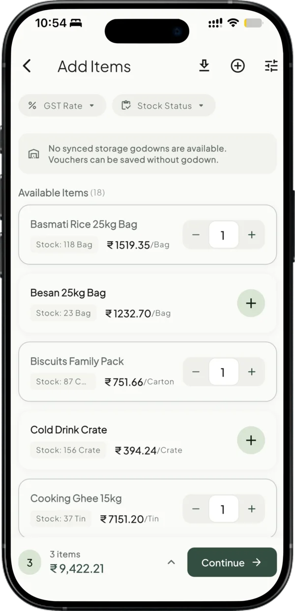 Building an order in Takkada with live stock on hand next to every item