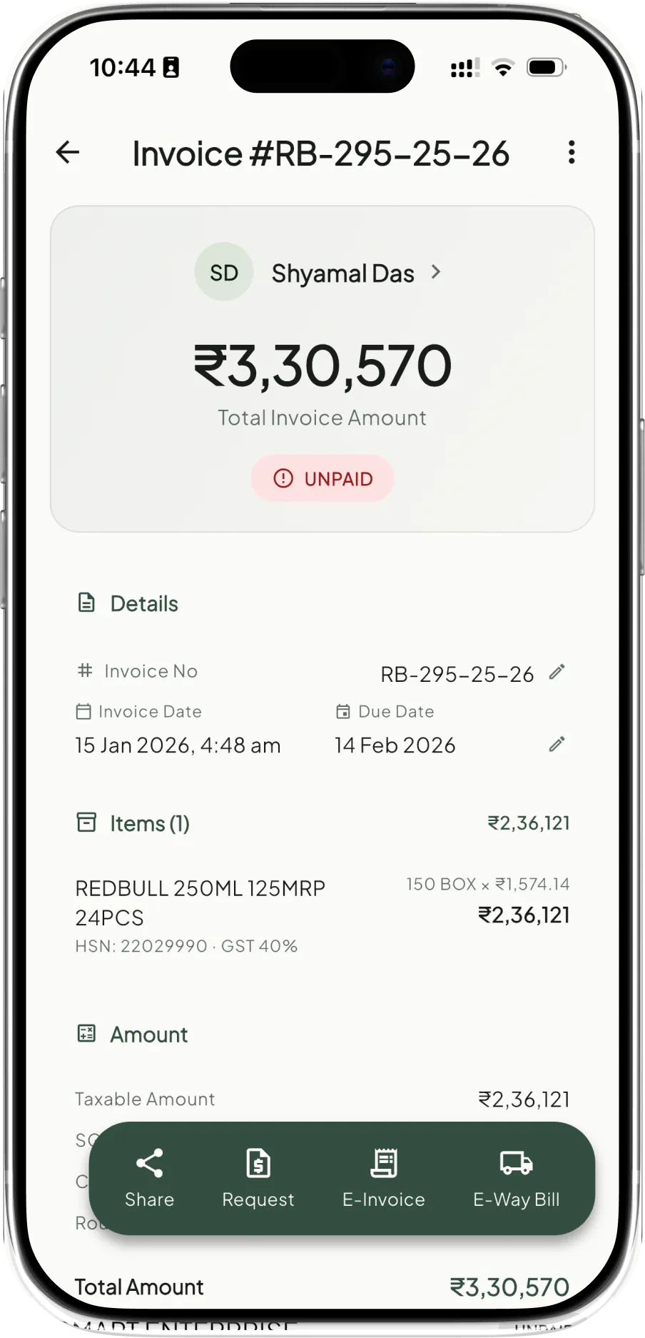 Invoice in Takkada with E-Invoice and E-Way Bill actions