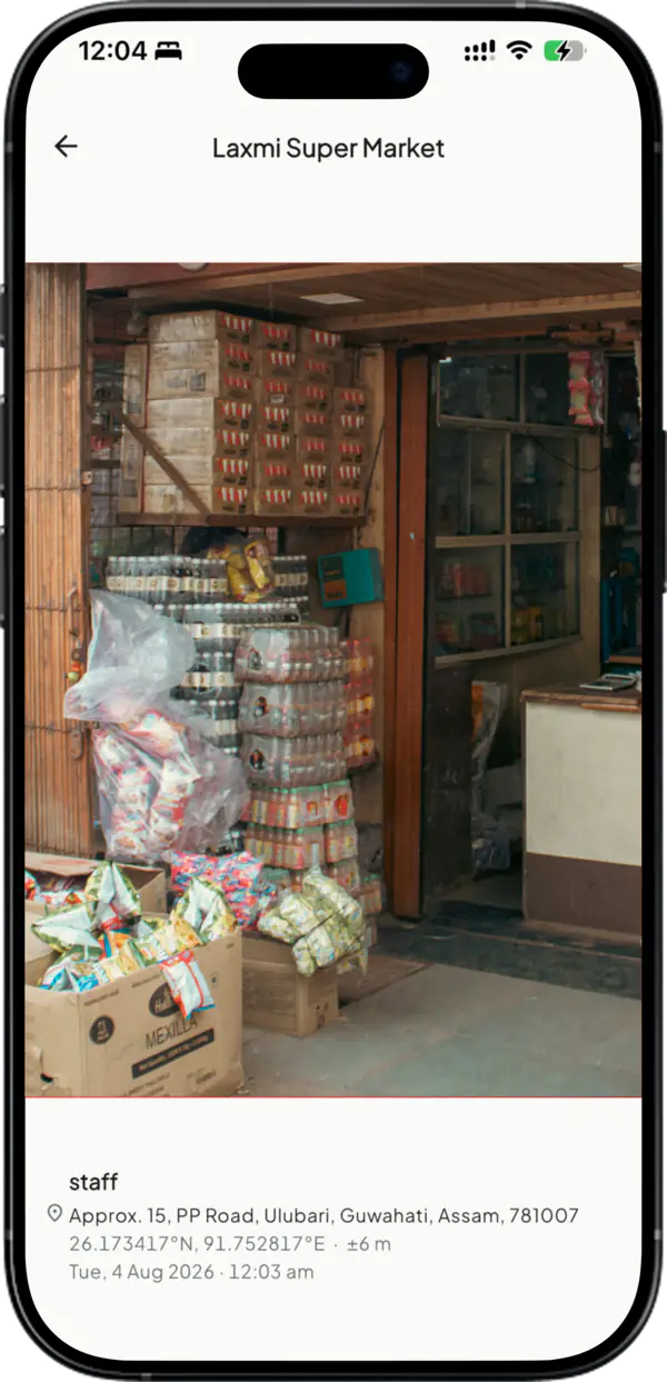 Geo-tagged, time-stamped field visit photo of a dealer shop in Takkada