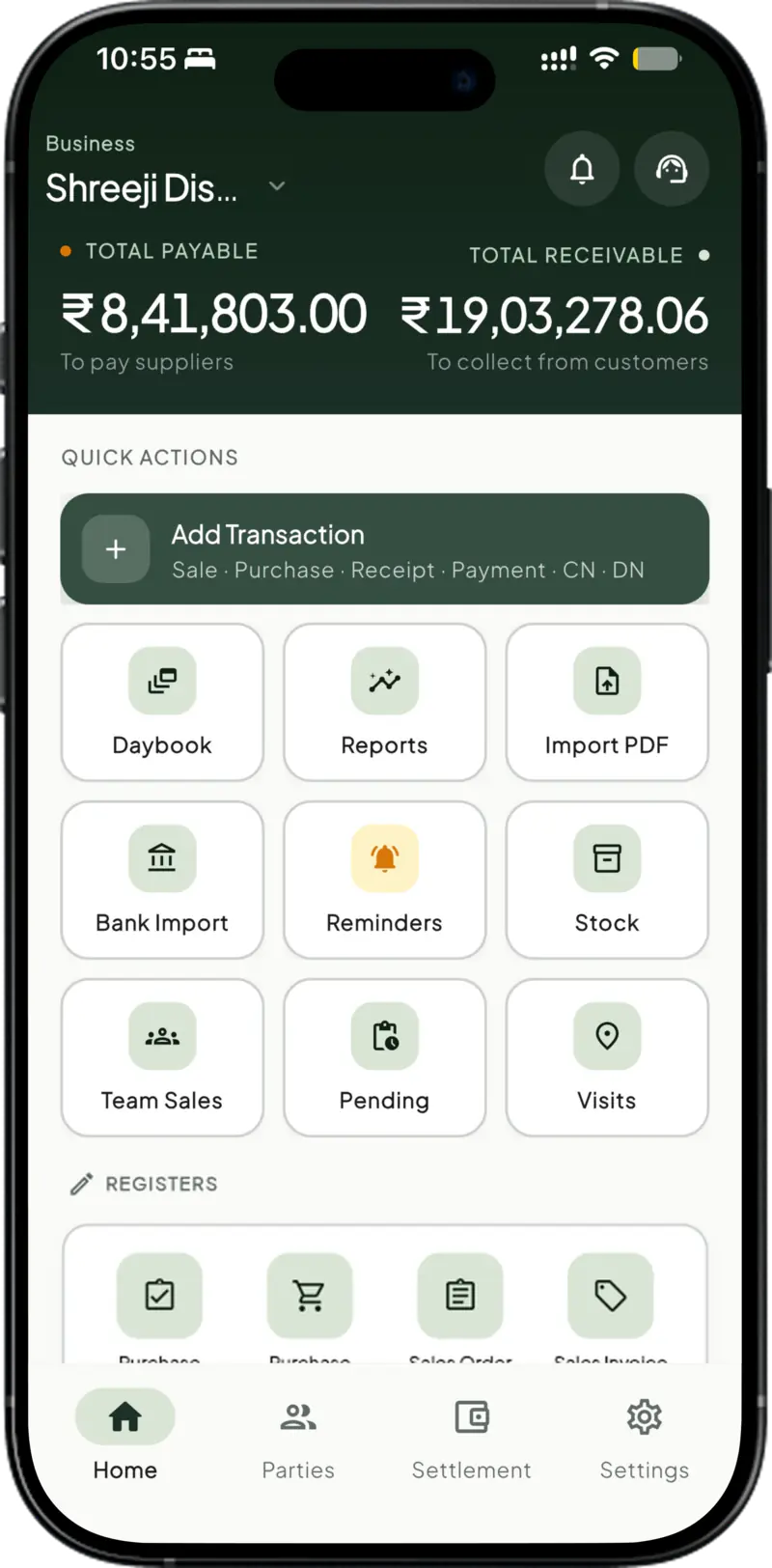Takkada home screen showing receivables dashboard