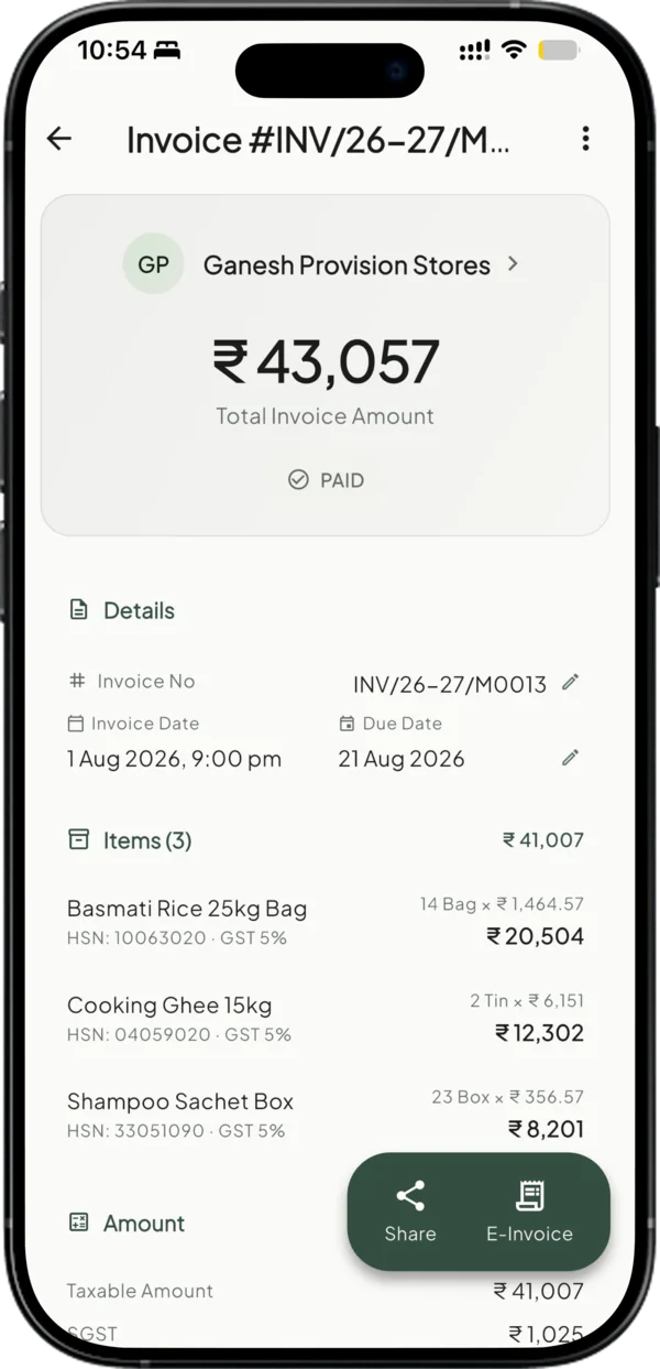 Invoice in Takkada with item lines, GST, and share actions