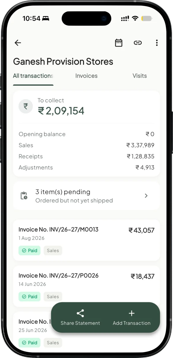 Party ledger in Takkada with sales, receipts, and the amount left to collect