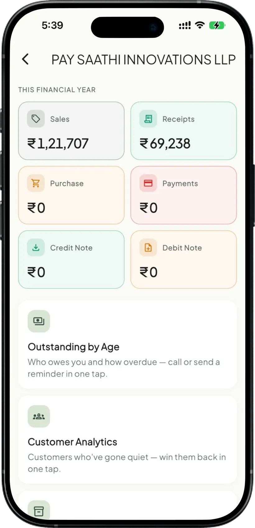 Reports screen showing purchase and payments for the financial year