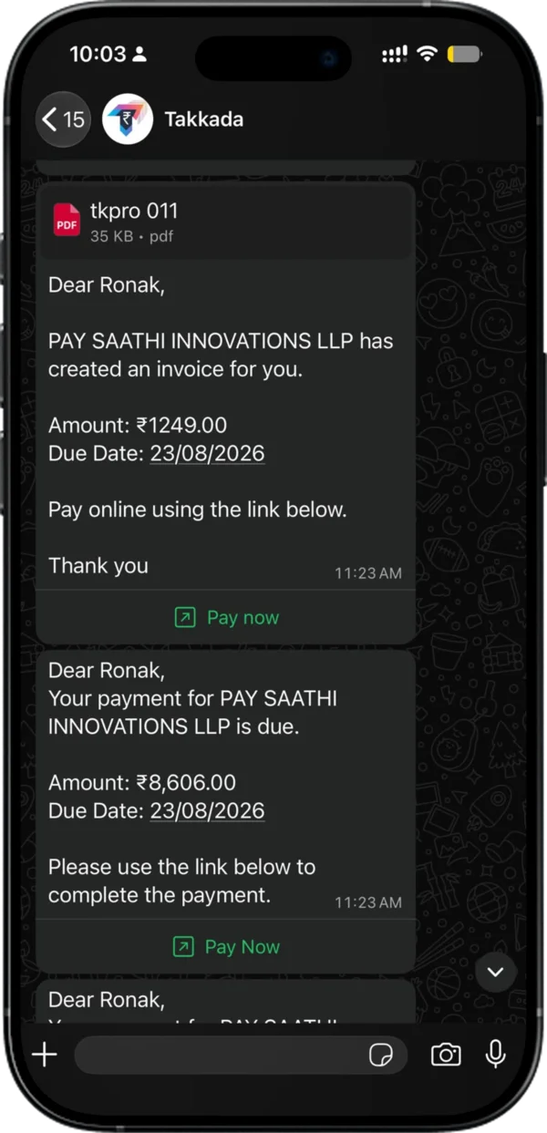 WhatsApp chat with a Takkada invoice PDF and a Pay now link